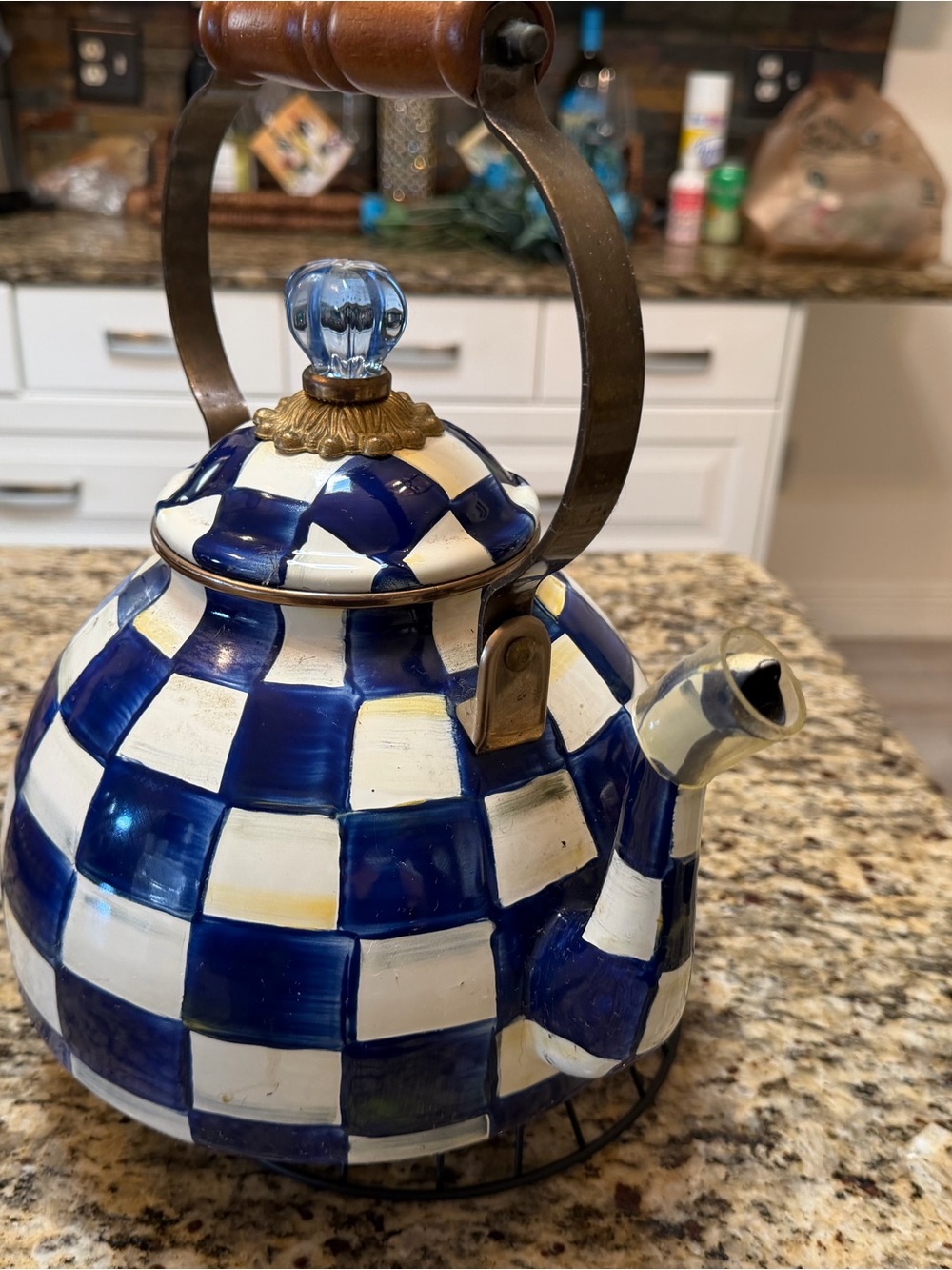 MacKenzie-Childs Navy Blue and White Checked Ceramic Teakettle with Glass Finial